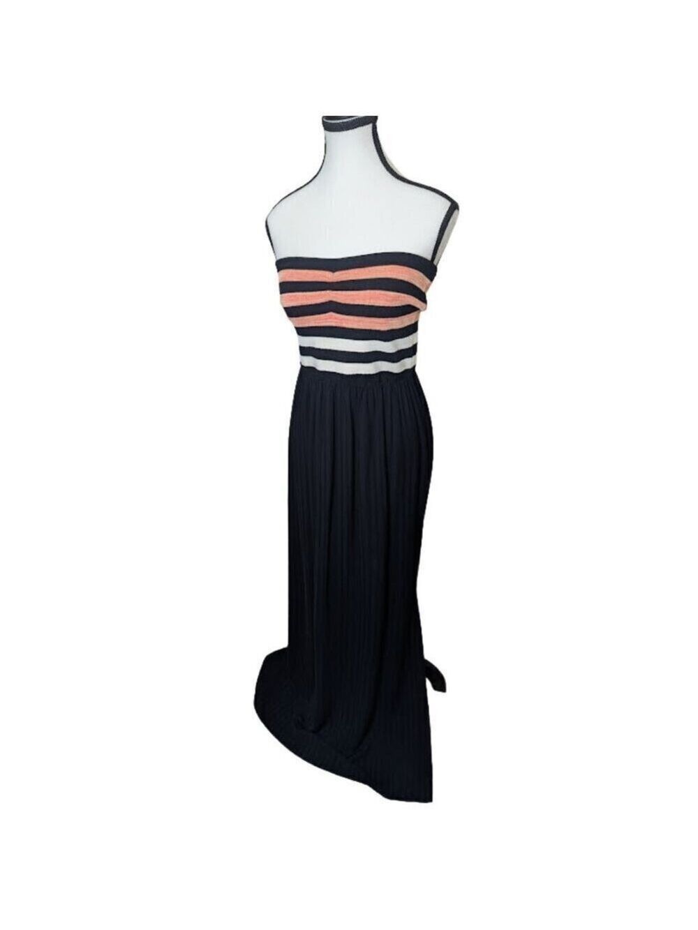 Rachel Roy Strapless Maxi Dress Black Coral Stripe Bodice Pleated Skirt *SZ M